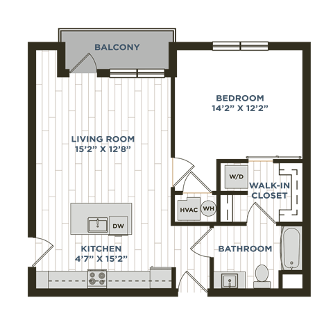Floor plan for 1 bed, 1 bath, 737 sqft